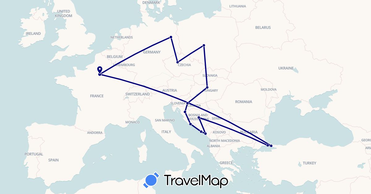 TravelMap itinerary: driving in Bosnia and Herzegovina, Czech Republic, Germany, France, Croatia, Hungary, Montenegro, Poland, Turkey (Asia, Europe)
